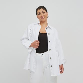  Ελαστικό βαμβακερό denim Κλείσιμο με μεταλλικά κουμπιά Με γιακά Διάτρητα μοτίβα στο πλάι Μήκος: 78 εκ 100%COTTON Το μοντέλο έχει ύψος 1,75 εκ. και φοράει S/Μ 