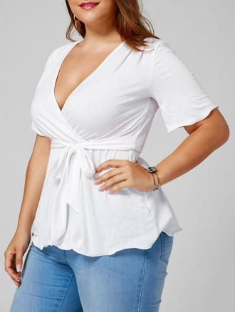 Plus Size Belted Empire Waisted Surplice Blouse