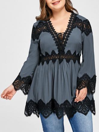 Plus Size Lace Panel Long Sleeve Peplum Blouse