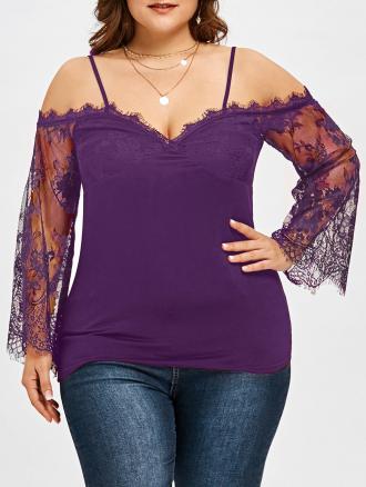 Plus Size Lace Panel Bell Sleeve Blouse