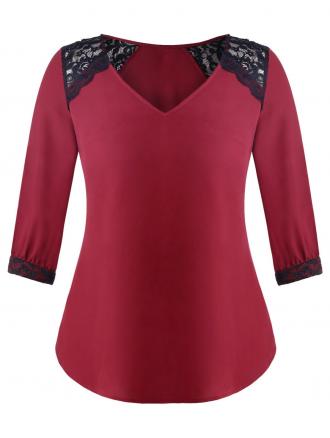 Plus Size Lace Panel V Neck Blouse