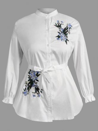 Plus Size Floral Embroidery Shirt with Belt