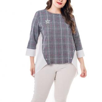 3/4 Length Sleeve Plaid Irregular Blouse