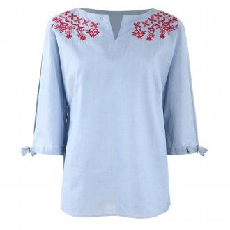 KISSMILK Women%27S Flower Embroidery Large Code V-Neck Shirt Blue