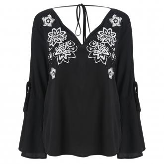 KISSMILK Women%27S Lace-Up Flared Shirt with Flared Sleeves Black