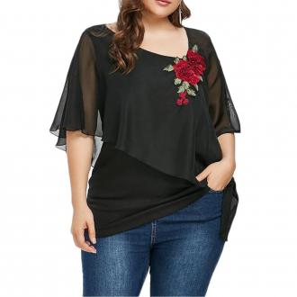Leisure Short Sleeved Rose Chiffon Shirt Loose Large Size Round Neck Stitching
