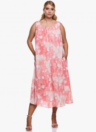 Μάξι αμάνικο φλοράλ φόρεμα σε απαλό ροζ χρώμα με στρογγυλή λαιμόκοψη. Ιδανική επιλογή για τις ζεστές μέρες του καλοκαιριού. Το μάκρος του από την ραφή του ώμου είναι περίπου 120 εκατοστά.