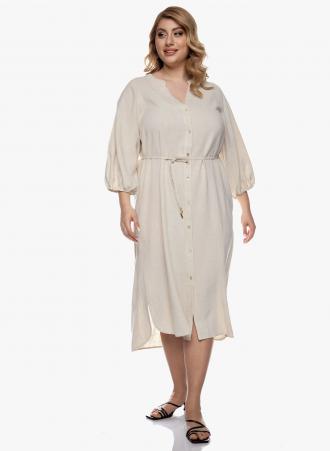 Μπεζ φόρεμα λινό με κουμπιά, λεπτό ζωνάκι στην μέση και μανίκια 3/4. Μια κομψή επιλογή για ανάλαφρες καλοκαιρινές εμφανίσεις! 