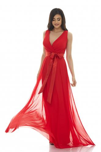 Μάξι Τούλινο Φόρεμα Με Σατέν Ζώνη Κόκκινο