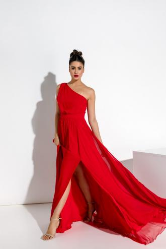 Φόρεμα Μάξι Με Έναν Ώμο και Βαθύ Σκίσιμο Κόκκινο