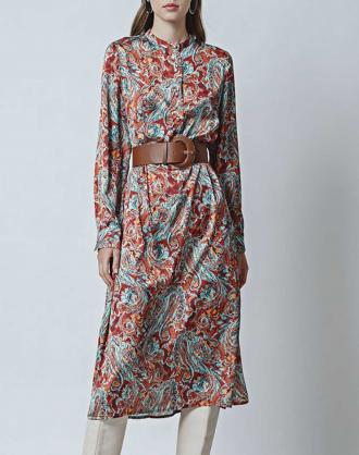 Γυναικείο μίντι φόρεμα σε μοτίβο λαχούρι, με μάο γιακά, κλείσιμο μπροστά με κουμπιά, μακρύ μανίκι με μανσέτα και κουμπί στο τελείωμα, αποσπώμενη ζώνη. (Σύνθεση:98% Πολυεστέρας, 2% Σπάντεξ)