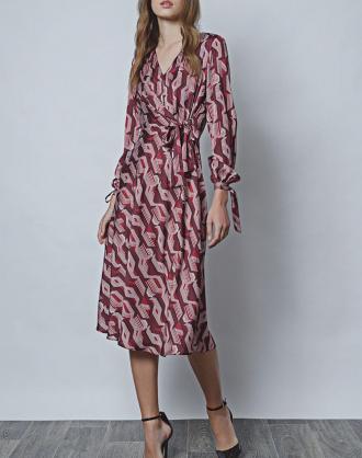 Γυναικείο μίντι φόρεμα σατέν, εμπριμέ φόρεμα με V άνοιγμα, μακρύ μανίκι με δέσιμο στο τελείωμα, κλείσιμο με κρυφό φερμουάρ πίσω στην ραφή. (Σύνθεση:100% Πολυεστέρας)