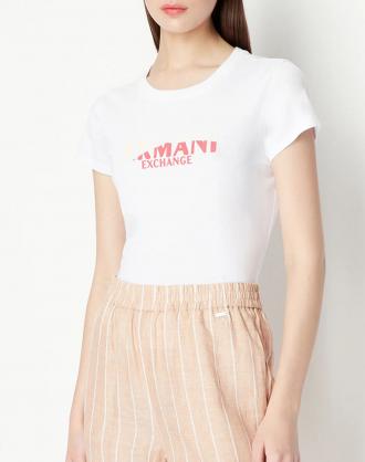 Γυναικείο T-shirt με στενή εφαρμογή, κοντομάνικο, μονόχρωμο, με στρογγυλή λαιμόκοψη και τύπωμα λογότυπου μπροστά. (Σύνθεση: 100% Βαμβάκι)