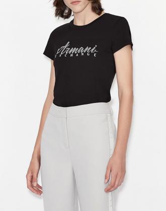 Γυναικεία μπλούζα T-shirt με κανονική εφαρμογή, κοντομάνικη, μονόχρωμη, με στρογγυλή λαιμόκοψη και τύπωμα λογότυπου με τρουκς μπροστά. ( Σύνθεση: 100% Βαμβάκι )