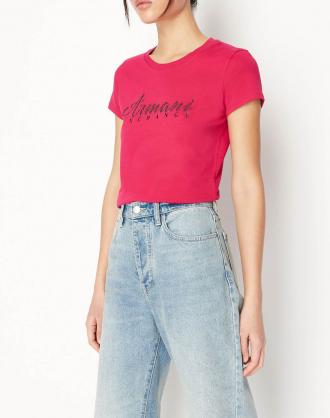 Γυναικεία μπλούζα T-shirt με κανονική εφαρμογή, κοντομάνικη, μονόχρωμη, με στρογγυλή λαιμόκοψη και τύπωμα λογότυπου με τρουκς μπροστά. ( Σύνθεση: 100% Βαμβάκι )