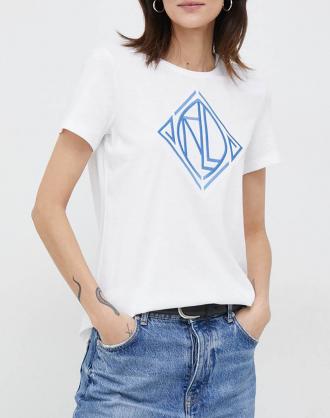 Γυναικεία μπλούζα T-shirt με κανονική εφαρμογή, κοντομάνικη, μονόχρωμη, με στρογγυλή λαιμόκοψη και τύπωμα λογότυπου μπροστά. ( Σύνθεση: 60% Βαμβάκι, 40% Μόνταλ )