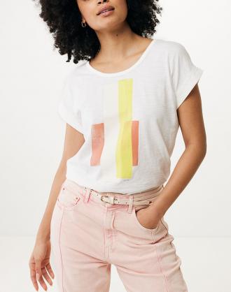Γυναικείο T-shirt με κανονική εφαρμογή, κοντομάνικο, μονόχρωμο, με στρογγυλή λαιμόκοψη, στάμπα μπροστά και άνοιγμα στην πλάτη. (Σύνθεση: 100% Βαμβάκι)