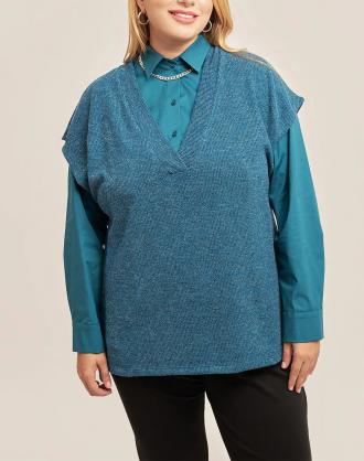 Γυναικεία πλεκτή καζάκα, σε Plus Size, κοντομάνικη, με λεπτομέρεια lurex κλωστή στην ύφανση, ασύμμετρο τελείωμα και άνοιγμα στο πλάϊ. (Σύνθεση: 79% Πολυεστέρας, 10% Lurex, 7% Rayon, 4% Σπαντεξ)