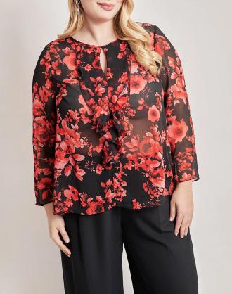 Γυναικεία μπλούζα, μακρυμάνικη, με floral σχέδιο, στρογγυλή λαιμόκοψη με μικρο άνοιγμα και βολάν στο ντεκολτέ. (Σύνθεση: 100% Πολυεστέρας)